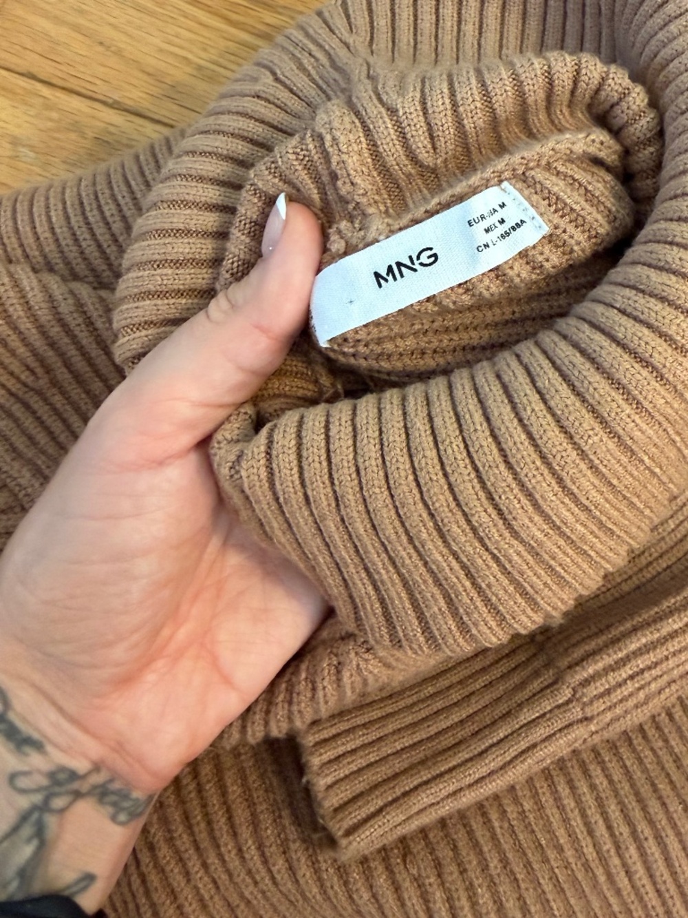 **MANGO Ribbed Turtleneck Midi Sweater Dress – Camel Brown – Size M**